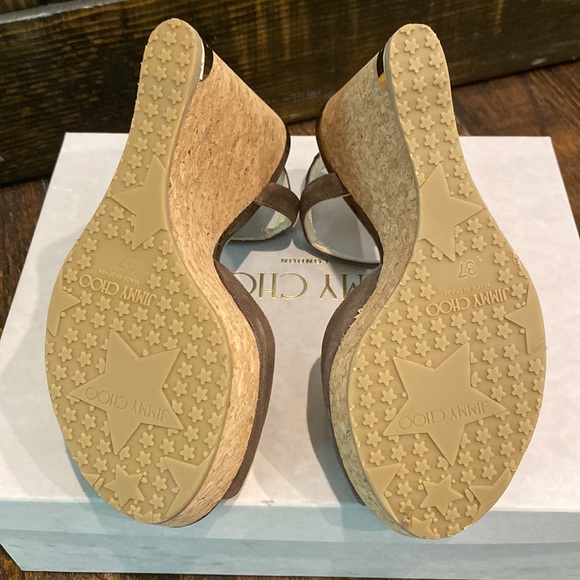 Jimmy Choo Perla Suede/Cork Wedge Sandal Pecan 37/7 NIB - Picture 8 of 11